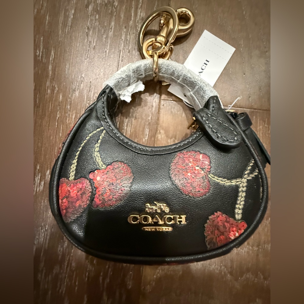 Coach Black Leather Poppy Floral Key Charm with Gold Hardware - Picture 3 of 8
